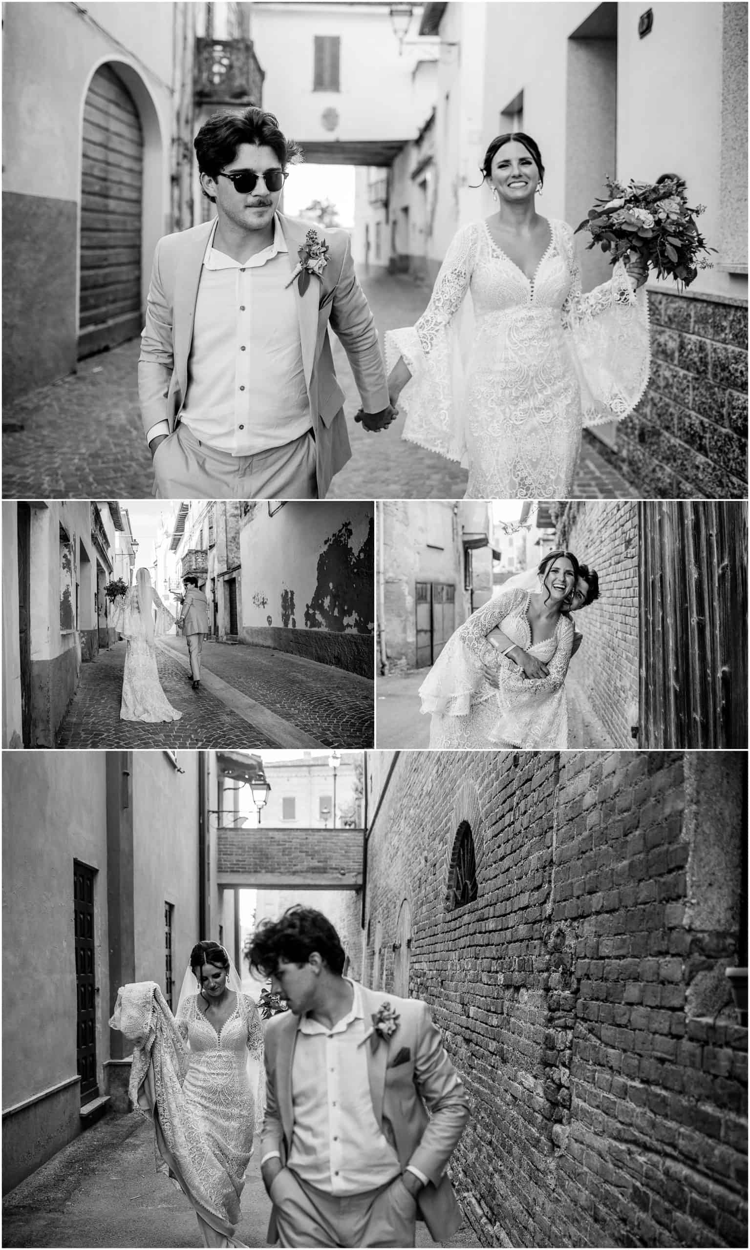 Bride and groom walking down the streets of an ancient village in Piedmont, Italy.