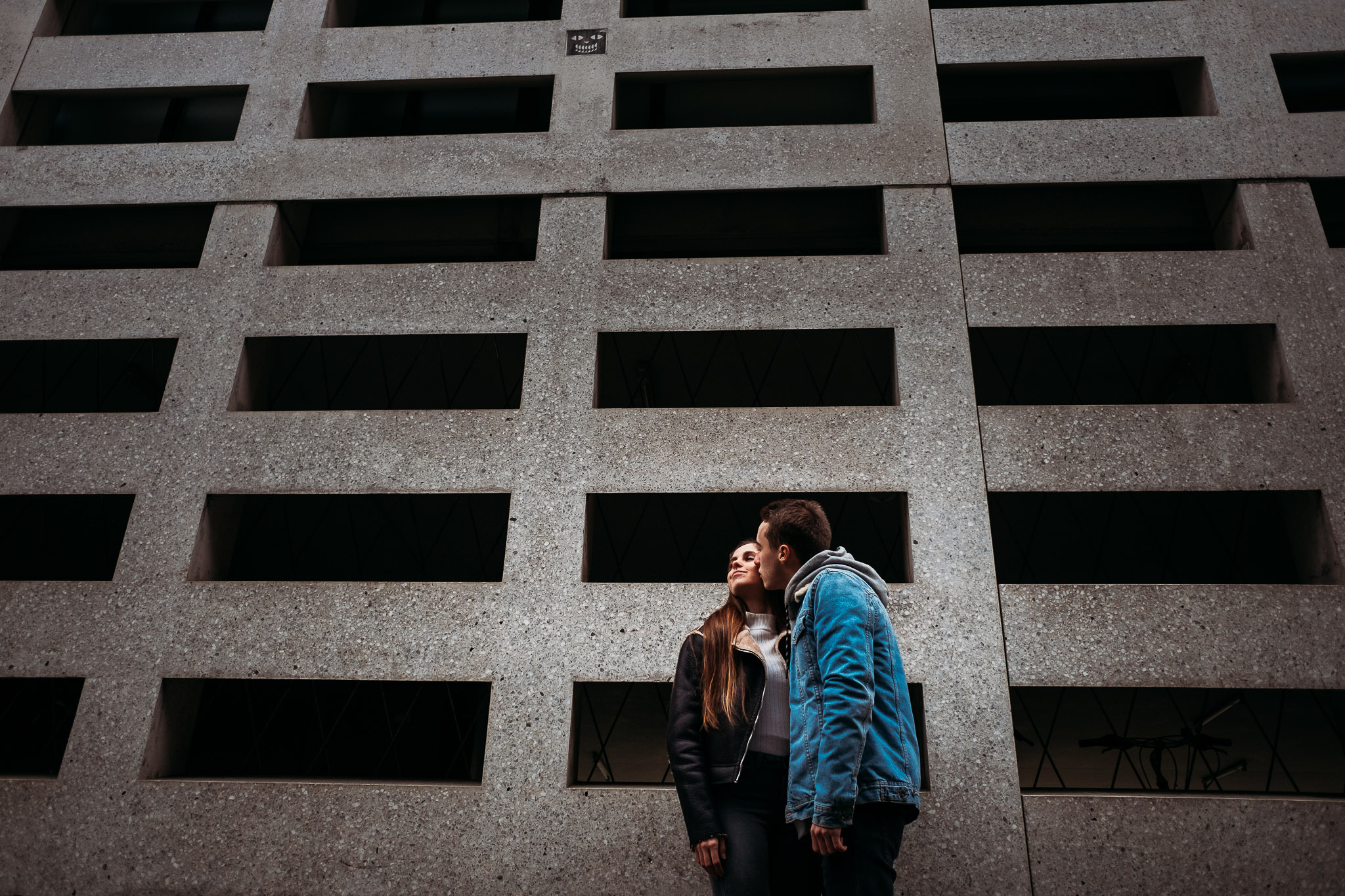 Couple on modern background in Bruges, Belgium
